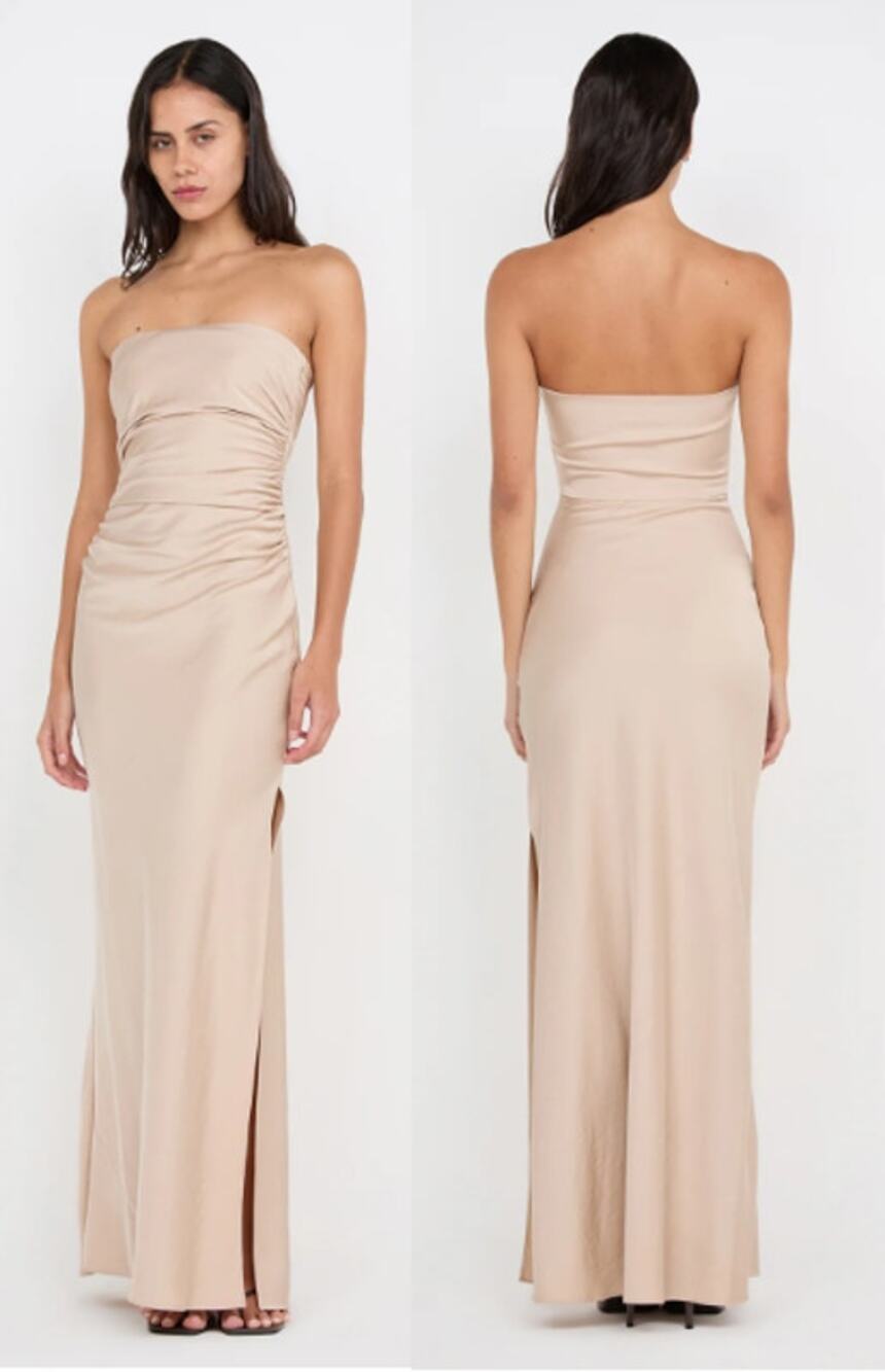NWT Bec + Bridge Eternity Strapless Ruched Maxi Dress Sand Women's Size US 6